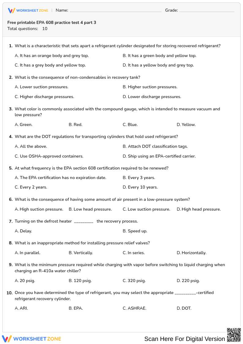 Free printable EPA 608 practice test 4 part 3